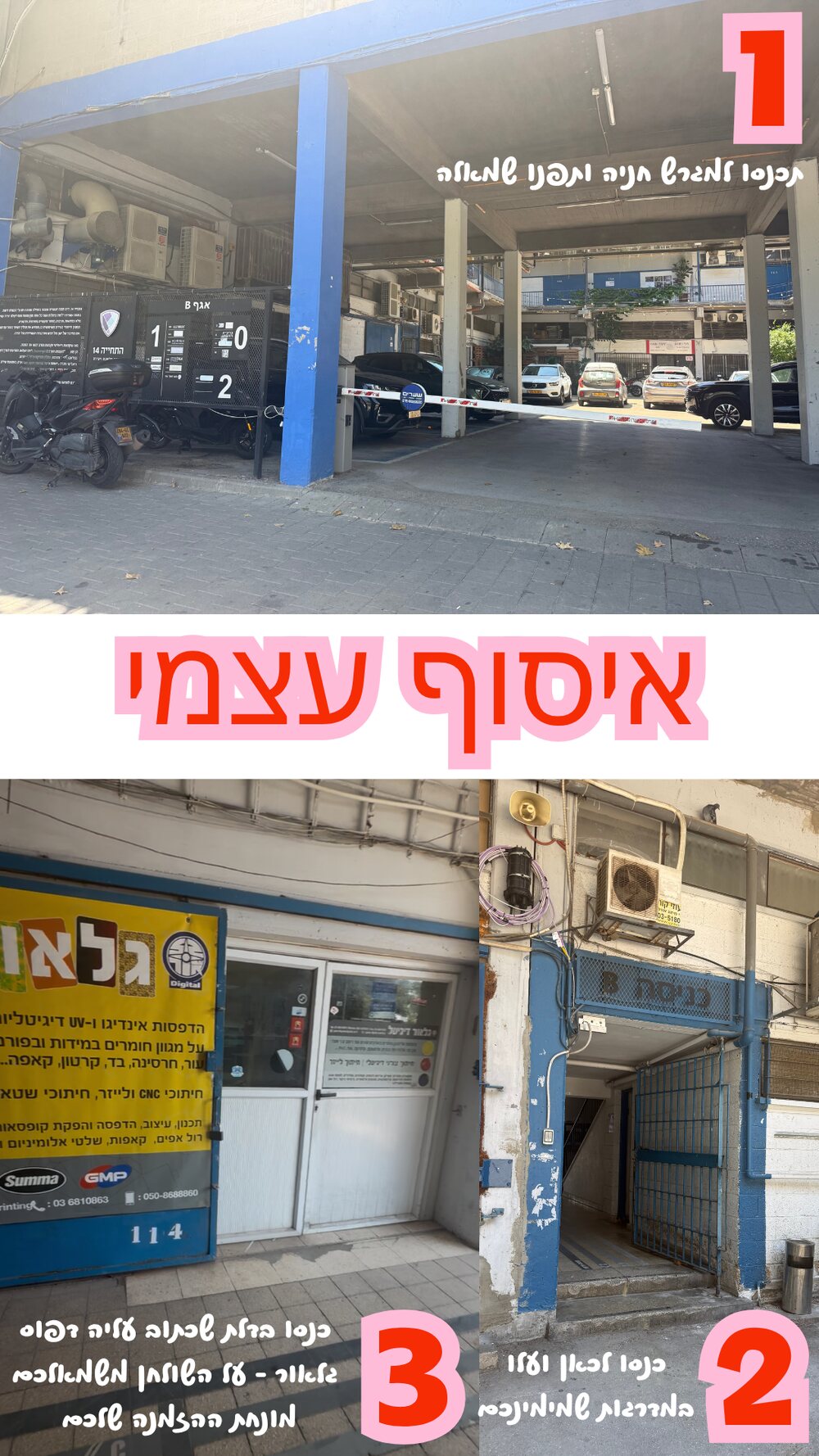 שלוש תמונות של הדרך: אזור החניה, כניסה B והמדרגות, והדלת של דפוס גלאור